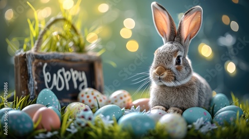 Easter eggs and cute bunny funny decoration happy easter. Generative AI. © visoot