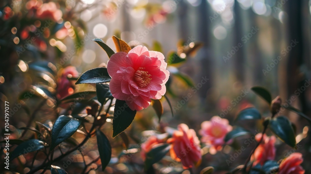 a close up of a pink flower on a bush in a forest with lots of leaves and flowers in the foreground. a close up of a pink flower on a bush in a forest with lots of leaves and flowers in the foreground.