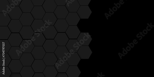 Background of abstract black hexagon background design a dark honeycomb grid pattern. Abstract octagons dark 3d background. Black geometric background for design.