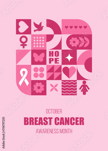 Breast Cancer Awareness Month in october. Bauhaus background with simple shapes and elements. Trendy minimalist card. Vector illustration in neo geometric style. Annual international health campaign.