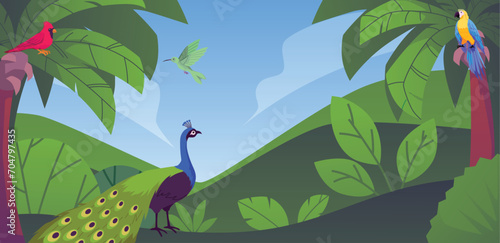 Tropical flora and fauna paradise nature vector landscape, exotic birds and beautiful wild jungle forest with palm trees