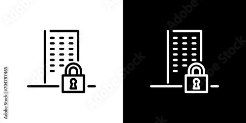 シンプルなビルと南京錠のセキュリティーアイコン
