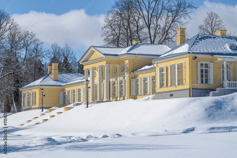 The main building of the ancient estate of Mon Repos on a sunny March day. Vyborg. Leningrad region, Russia