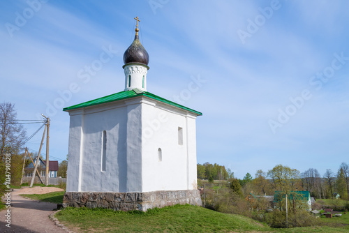 Ancient chapel of Our Lady of Korsun on a sunny May day. Izborsk. Pskov region, Russia