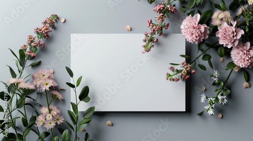 Top view mockup square white blank card sheet of paper with pink sakura flower branch Background. 3D flat greeting card Valentine mockup photo