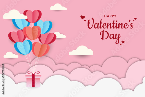 Happy Valentine's day 14 February background design. Beautiful paper cut cloud and love. Vector illustration. Cute love sale banner or greeting card