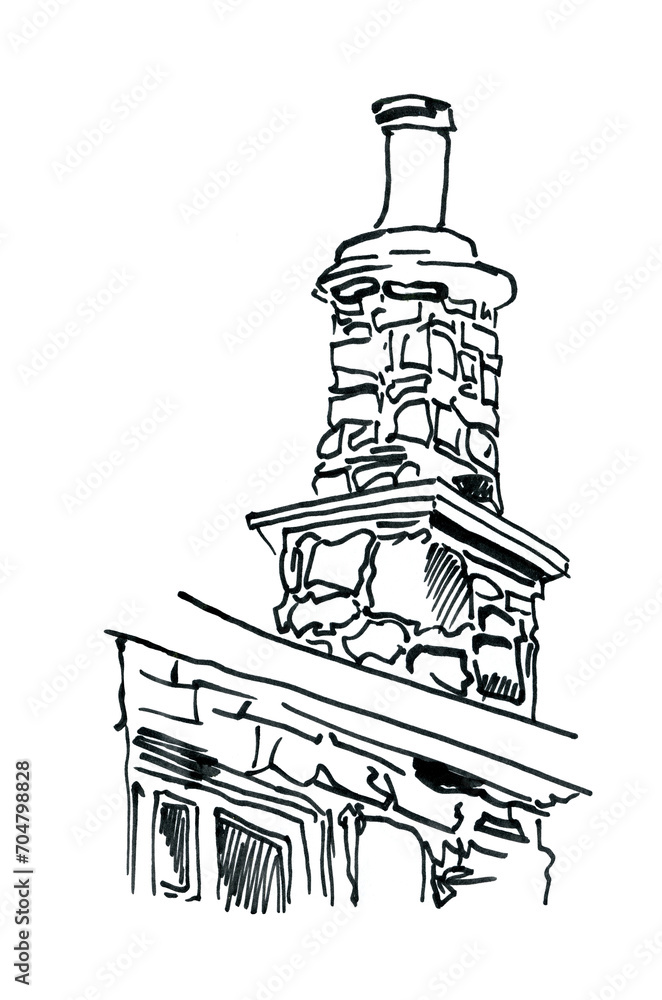 Sketch of a fragment of an old stone stove or fireplace chimney. Sketch with a black felt-tip pen, isolated on a white background.