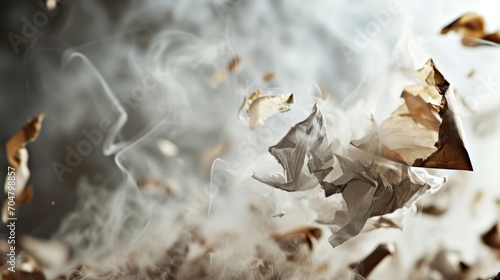  a close up of a piece of paper floating in the air with smoke coming out of the bottom of it.