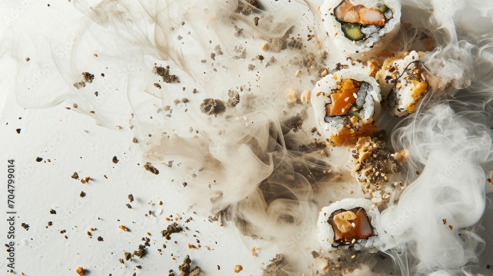  a group of sushi rolls sitting on top of a white plate covered in sauce and seasoning next to a pile of smoke.