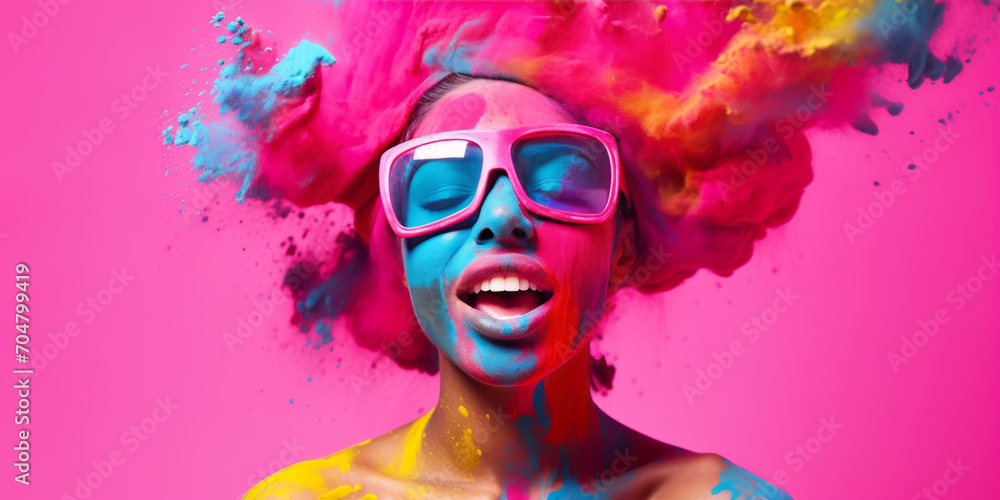 A woman's face is adorned with a vibrant array of colors, creating a joyful portrait. A woman's face is adorned with a vibrant array of colors, creating a joyful portrait.