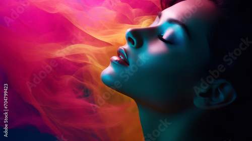 A woman's face is illuminated against a backdrop of colored smoke, creating a vibrant scene.