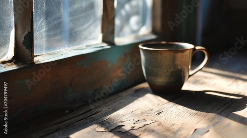 a cup of coffee sitting on top of a wooden table next to a window with the sun shining through it.