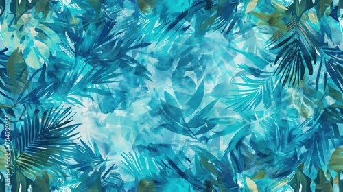  a painting of blue and green leaves on a blue and green background with a white stripe at the bottom of the image.