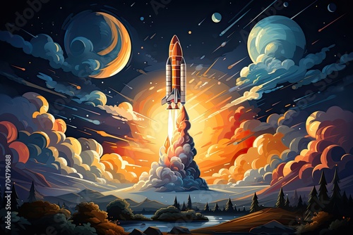 Rocket starts into space, Travel to Mars, New space rocket lift off. Space shuttle with smoke and blast takes off into space,Concept, generative Ai photo