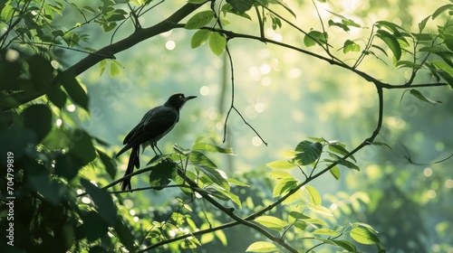  a bird perched on a tree branch in a forest with sunlight streaming through the leaves and the branches of the tree. © Olga