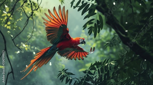  a red and green parrot flying through the air with its wings spread in front of a forest filled with green leaves.