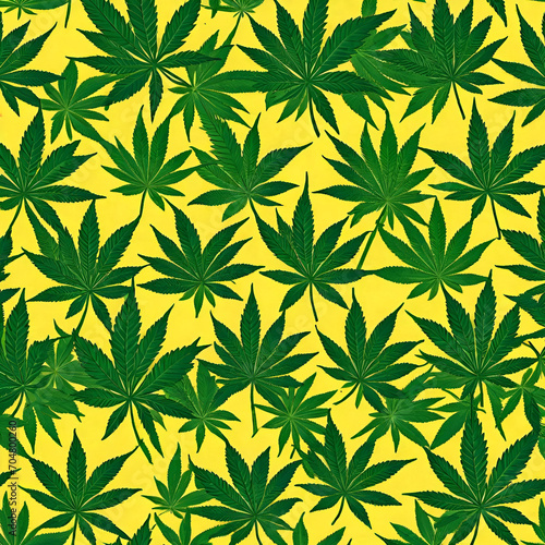 Green marijuana leaves on yellow background