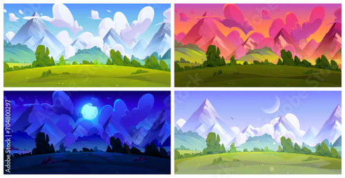 Meadow with green grass near mountain foot during four day times. Cartoon summer daytime landscape of field and trees, rocky hills and sky with clouds - sunny afternoon, dawn and sunset, dark night.