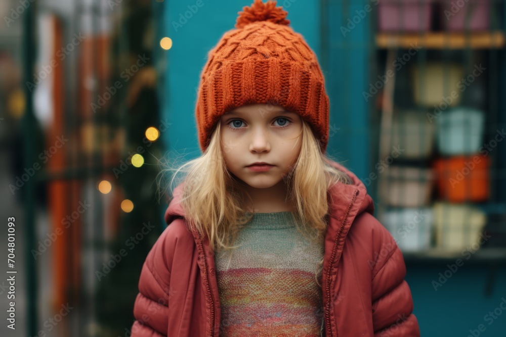Portrait of a beautiful little girl in a hat and coat on the street Portrait of a beautiful little girl in a hat and coat on the street