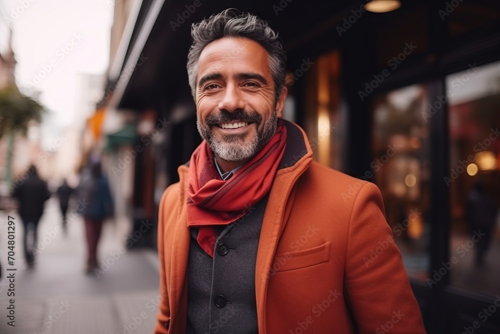 Portrait of a handsome middle-aged man wearing a coat and red scarf on a city street.