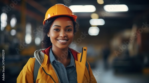 portrait of a young african american woman wearing a hardhat in a factory photo