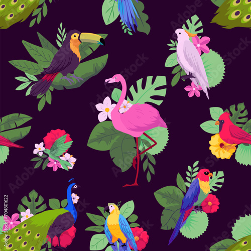 Tropical flora and fauna paradise vector seamless pattern, hummingbird, toucan, Ara parrot, flamingo and exotic flowers