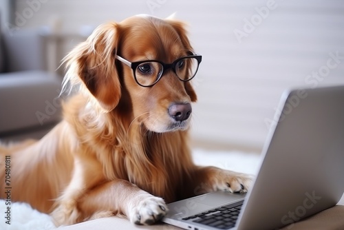 Cute smart dog in glasses works with a laptop. AI generative