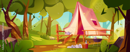 Camping tent on wooden patio with grill and pot in forest. Cartoon vector summer sunny landscape of expedition and recreation in campsite in woodland with soil path, green trees, bushes and grass.
