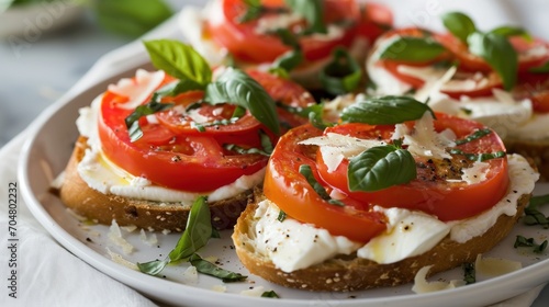  a white plate topped with slices of bread topped with tomatoes and mozzarella cheese covered in fresh basil leaves.