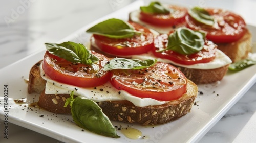  a white plate topped with two slices of bread covered in cheese and tomato slices and garnished with basil.