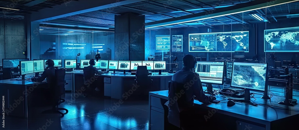 Innovative command hub. Futuristic technology center with holographic screens by corporate professionals creating vision of future workspace ideal for depicting information management and control Innovative command hub. Futuristic technology center with holographic screens by corporate professionals creating vision of future workspace ideal for depicting information management and control