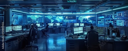 Innovative command hub. Futuristic technology center with holographic screens by corporate professionals creating vision of future workspace ideal for depicting information management and control photo