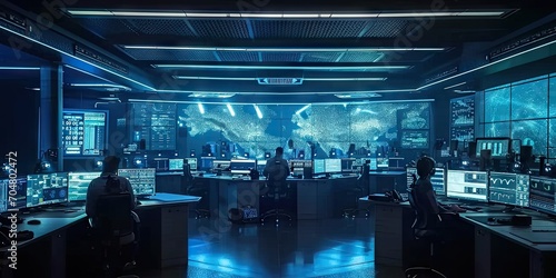 Innovative command hub. Futuristic technology center with holographic screens by corporate professionals creating vision of future workspace ideal for depicting information management and control