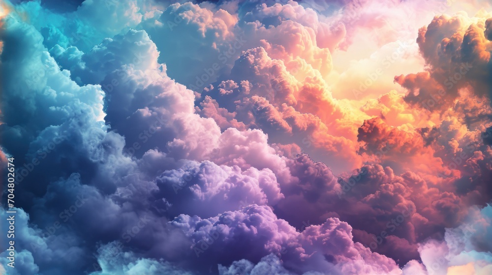  a sky filled with lots of clouds covered in pink, blue, yellow and orange colors and a sky filled with lots of clouds covered in pink, blue, yellow, purple, yellow and orange and white clouds.