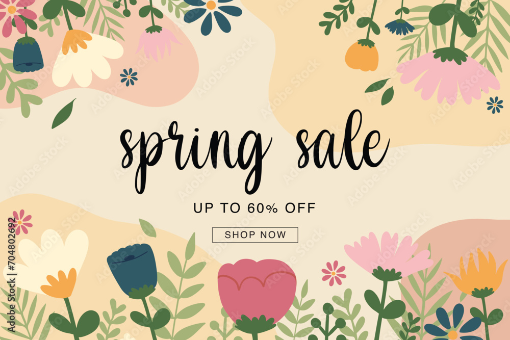 Spring sale background poster template. Vector abstract background with colorful leaves and flowers background. For vouchers, wallpaper, banners, headers, social media, sales, coupon discounts.