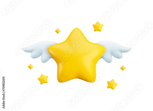 Vector cartoon 3d gold star with wings flying in starry sky on white background. Realistic render feedback symbol, game success concept, cute childish baby shower illustration.