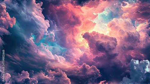  a sky filled with lots of clouds covered in pink, blue, and yellow colors with a blue sky in the background.