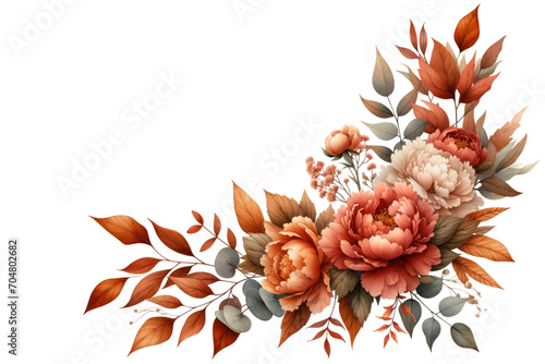 Autumn floral corner border with dahlia, rose and eucalyptus leaves. Fall frame, banner,  Botanical plant illustration , elegant watercolor ,transparent background, PNG element ,Wedding Stationery. photo