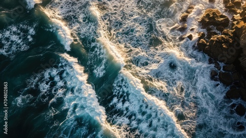  an aerial view of the ocean with waves crashing on the rocks and a bird's eye view of the water.