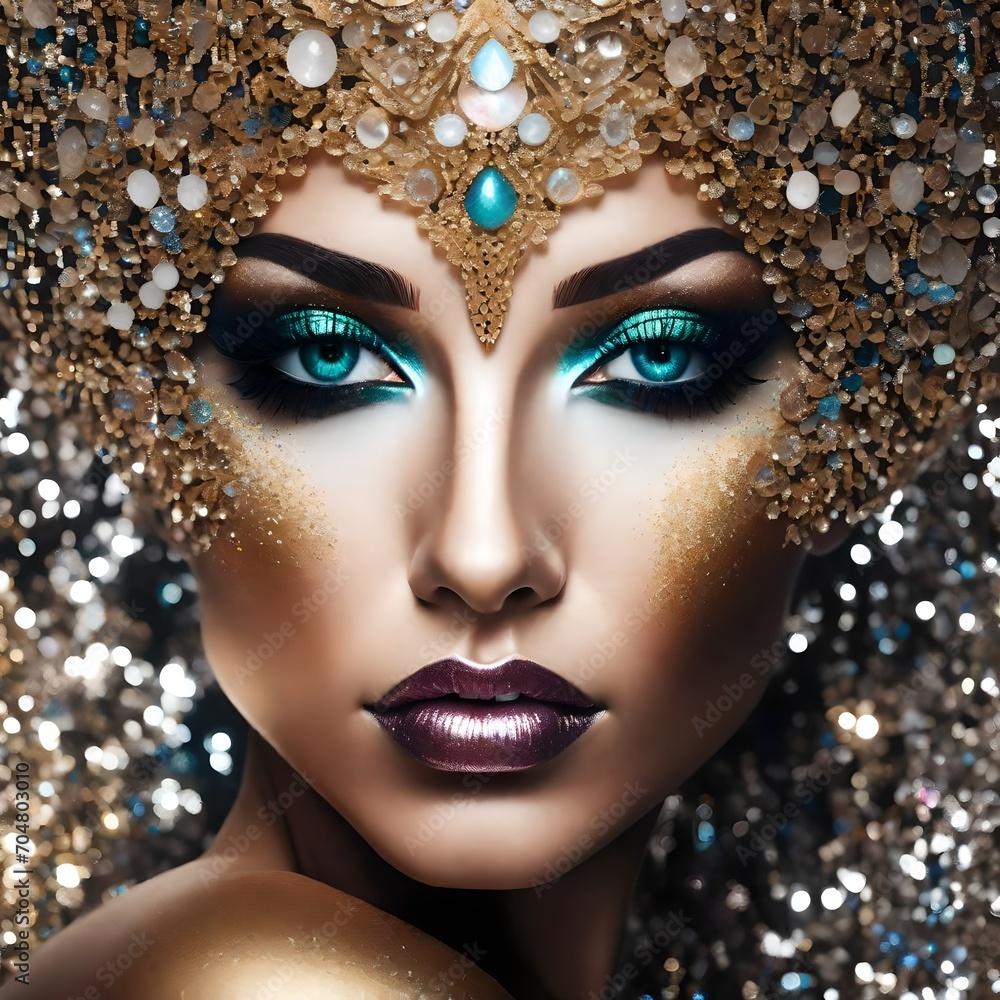 close-up photograph of a model gorgeous face of a woman made of glitter and sparkles and jewelry close-up photograph of a model gorgeous face of a woman made of glitter and sparkles and jewelry