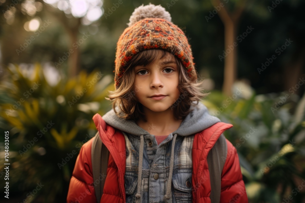 Portrait of a little boy in a red jacket and a knitted hat. Portrait of a little boy in a red jacket and a knitted hat.
