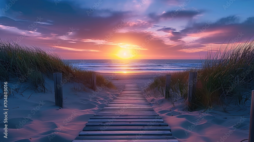 A wooden walkway leading towards the beach at sunset. Generative AI. - obrazy, fototapety, plakaty 