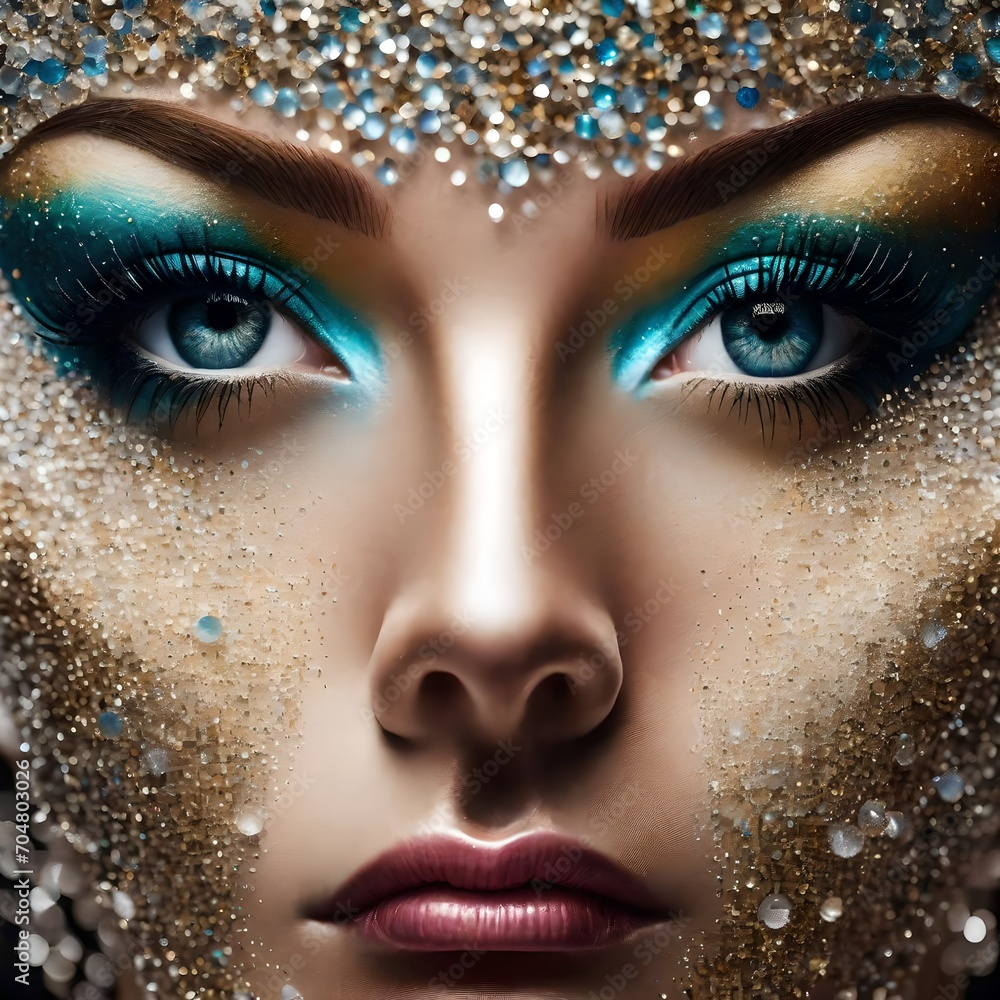 close-up photograph of a model gorgeous face of a woman made of glitter and sparkles and jewelry close-up photograph of a model gorgeous face of a woman made of glitter and sparkles and jewelry