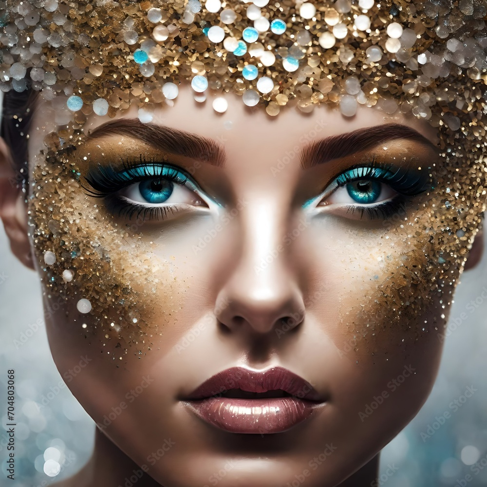 close-up photograph of a model gorgeous face of a woman made of glitter and sparkles and jewelry close-up photograph of a model gorgeous face of a woman made of glitter and sparkles and jewelry