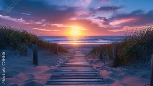 A wooden walkway leading towards the beach at sunset. Generative AI.