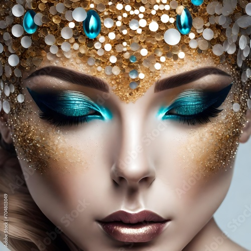 close-up photograph of a model gorgeous face of a woman made of glitter and sparkles and jewelry 