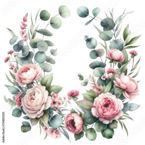 Watercolor floral illustration. Pink flowers and eucalyptus greenery bouquet. Dusty roses, soft light blush peony - border, wreath, frame. Perfect wedding stationary, greetings, fashion, PNG element.