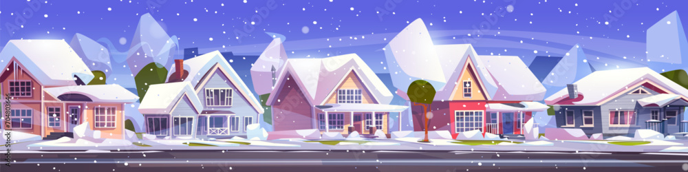 Naklejka premium Suburban town street in winter. Vector cartoon illustration of cottage houses along rural alley, smoke rising from chimneys, snow piles on trees and bushes, snowfall in modern housing neighborhood
