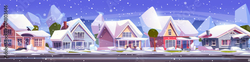 Suburban town street in winter. Vector cartoon illustration of cottage houses along rural alley, smoke rising from chimneys, snow piles on trees and bushes, snowfall in modern housing neighborhood
