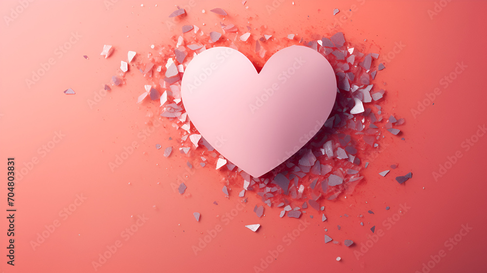 Glitter heart dissolving into pieces on pink background, generative ai